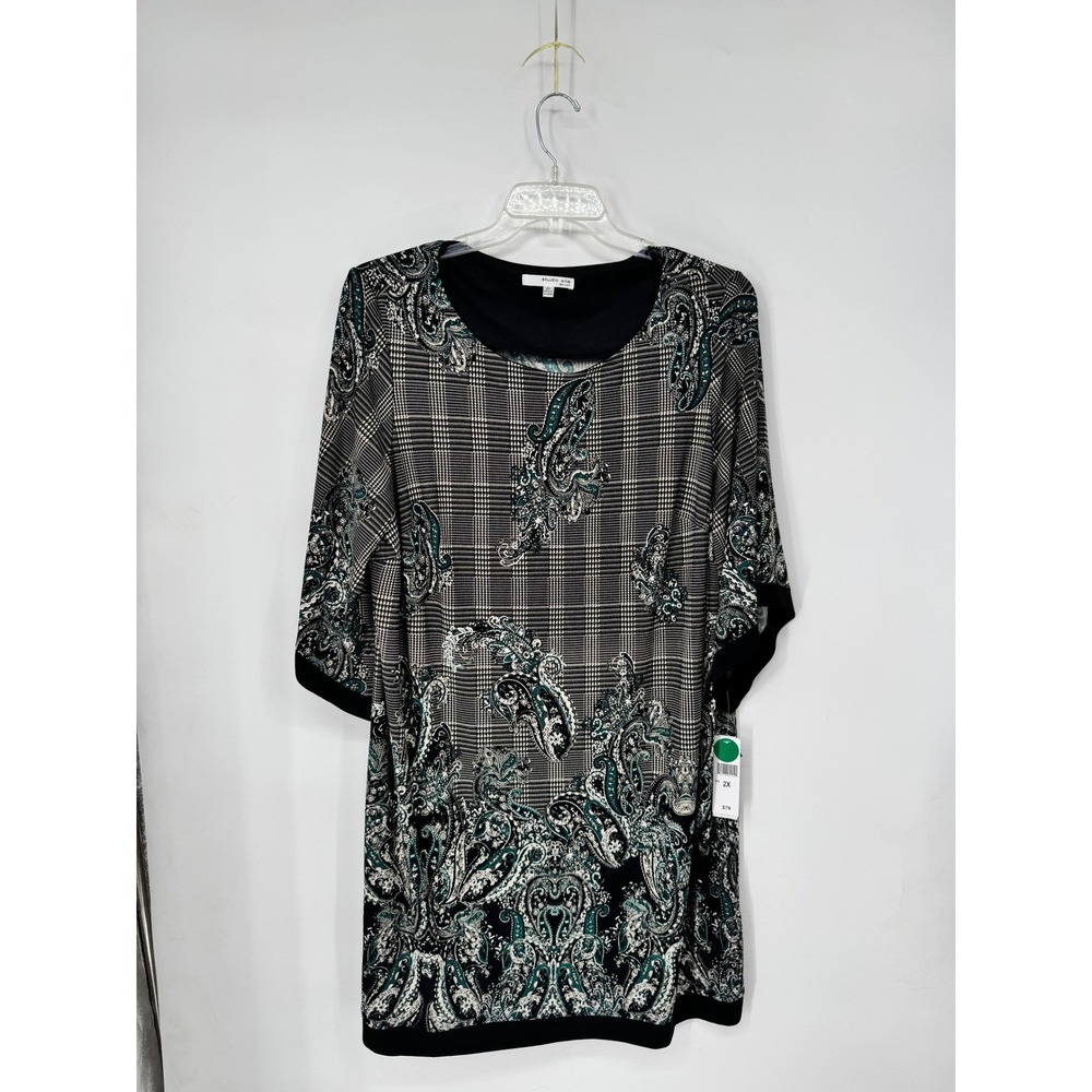 Studio One New York Shift Dress Womens 2X Black Paisley Plaid New NWT 3/4 Sleeve